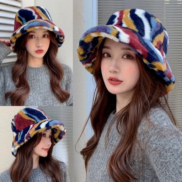 NEW Multi Color Soft Fluffy Plush Faux Fur Adjustable Cozy Fisherman Bucket Hat - Picture 2 of 11